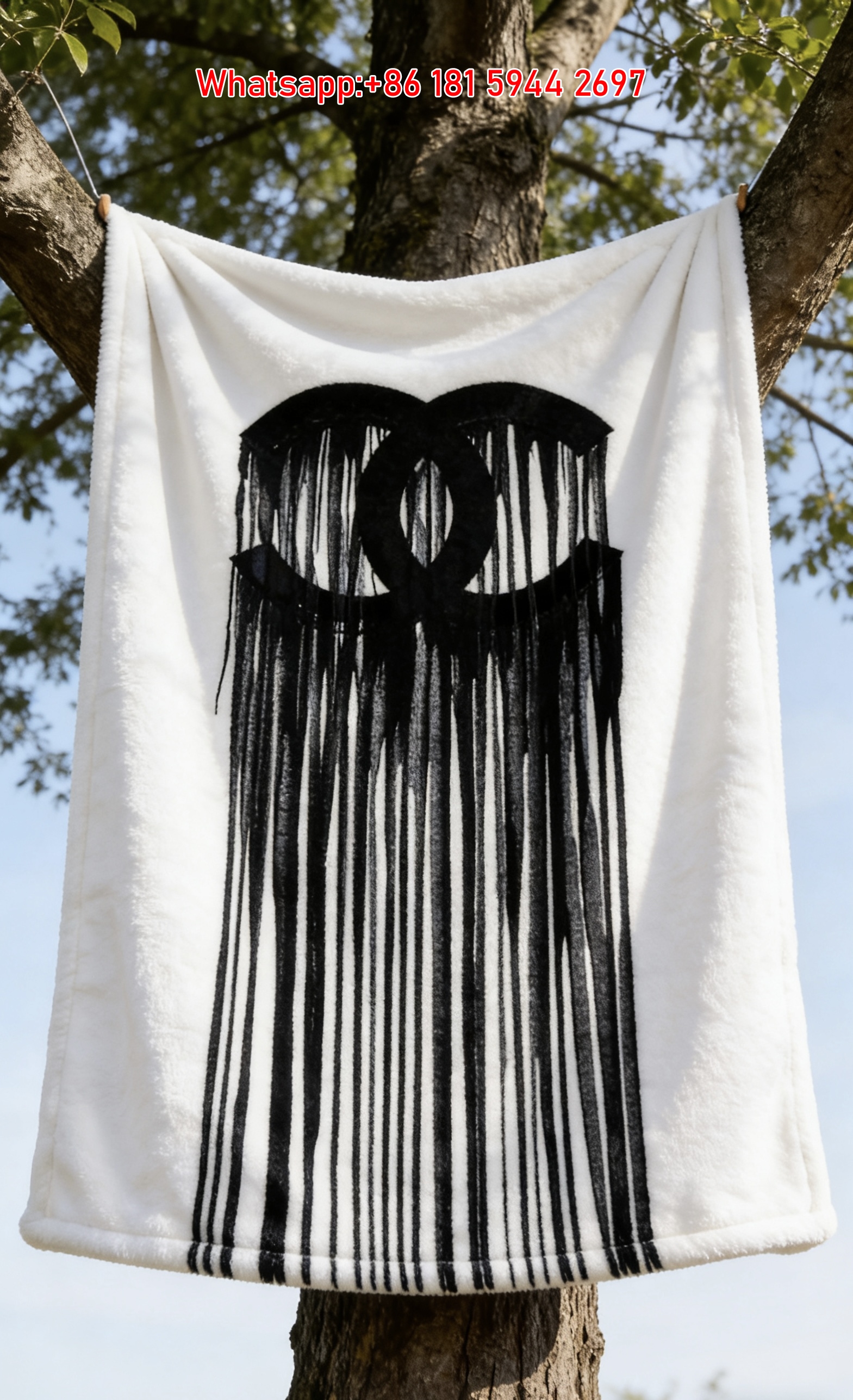 Chanel Black Fringed Tassel CC Logo Flannel Throw Blanket IMG_6662